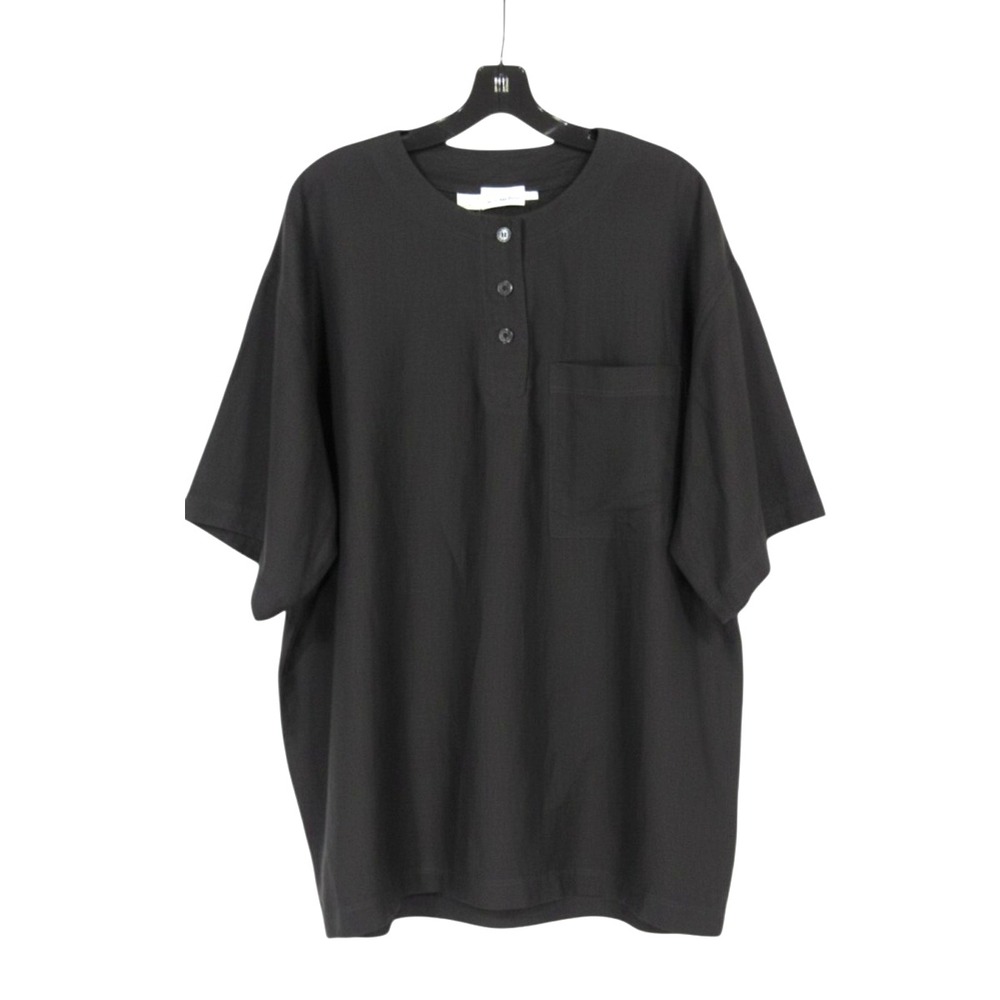 SAKS FIFTH AVENUE Black SILK 3-Buttons POCKET Tiny Slits BLOUSE/TUNIC TOP Sz L